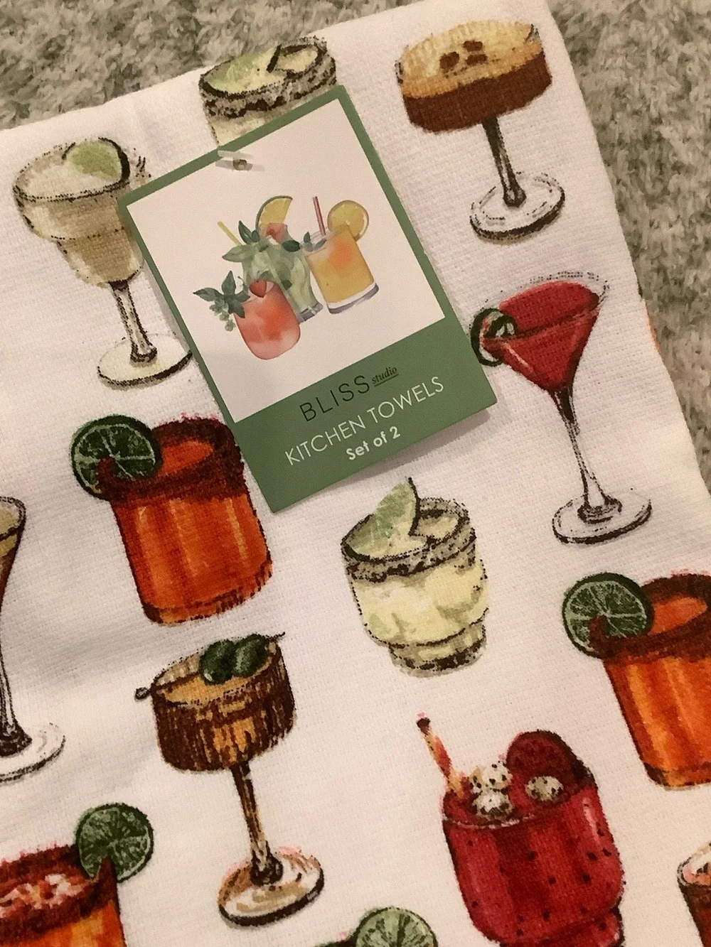 Cocktails Mocktails & Tropical Drinks Kitchen Towels Set of 2 NWT Cotton Bliss